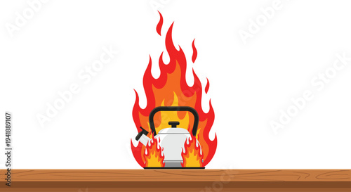 A white metal kettle with a black handle is engulfed in vivid red and orange flames, resting on a light brown wooden surface against a stark white background.