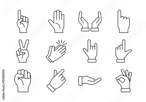 Hand Gesture Icon Collection With Finger Signs Communication Signals And Human Interaction Symbols