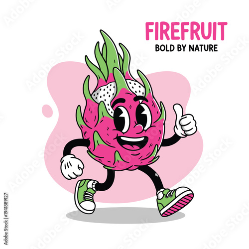 Walking cartoon fire fruit (dragon fruit) character in sneakers, giving thumbs up, healthy lifestyle