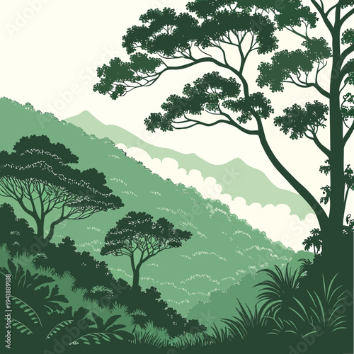 Dense jungle hilltops with layered mountain depth mountains 1