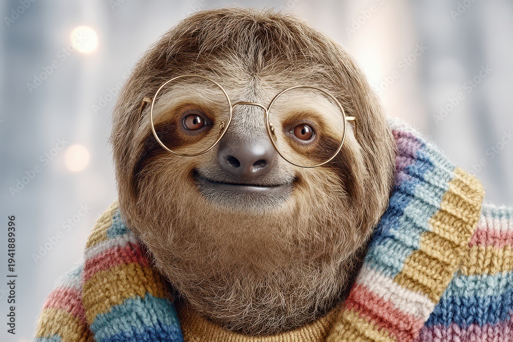 Naklejka premium Close-up of a charming sloth wearing glasses and a colorful sweater, adding a touch of whimsy and personality to its endearing features, capturing a relaxed moment.