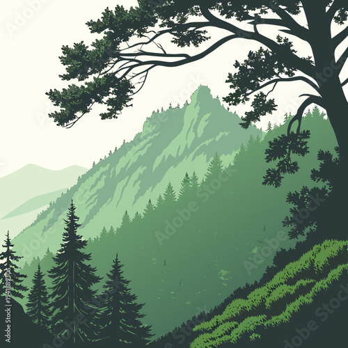 Green forested ridge with deep mountain layers and trees