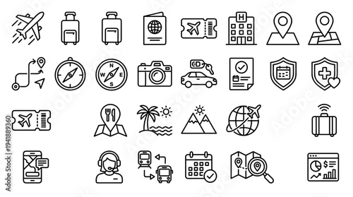 Set of travel icons vector, line style