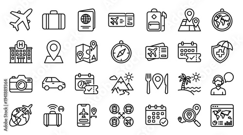Set of  travel icons vector, line style