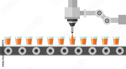 A gray robotic arm precisely dispenses orange liquid into ten clear glasses moving along a black conveyor belt against a clean white background.