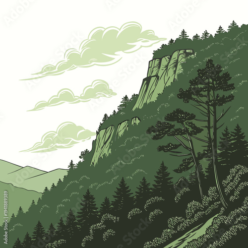 Green mountain ridge with dense forest and trees on slope 1
