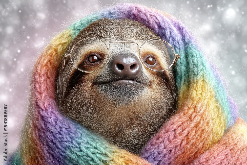 Obraz premium A charming sloth wearing glasses and wrapped in a vibrant, colorful knit scarf against a soft, blurred background, perfect for a heartwarming or humorous project.