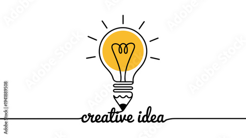 A shining hand-drawn lightbulb with a coiled filament standing prominently above 'creative idea' text.