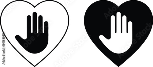 Two hearts with hands inside, one black and one white, symbolizing unity and contrast.