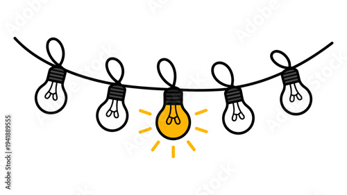 A decorative string of outlined light bulbs with one glowing brightly in the center.