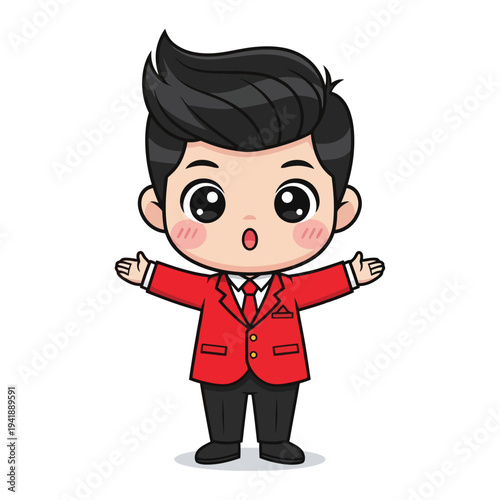 Chibi businessman in a red suit, with wide eyes and an open mouth, arms outstretched in surprise or welcome