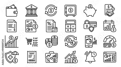 Set of  finance icons vector, line style, black and white