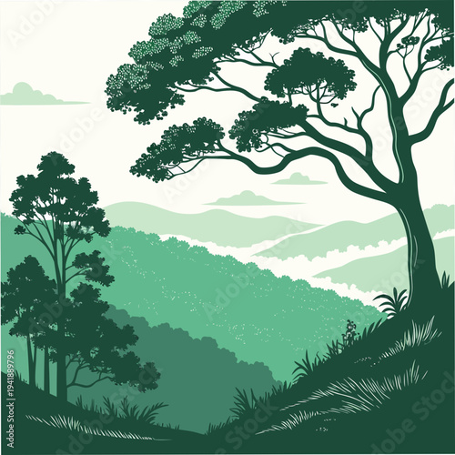 Green mountain valley with thick jungle trees and grassy hillside