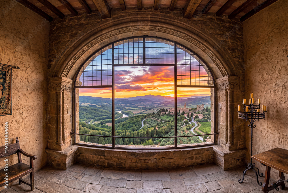 Obraz premium Majestic view from inside an ancient stone castle looking out through an arched window at sunset