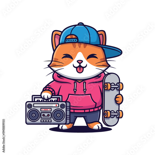 Cool cat character with boombox and skateboard, funny cartoon animal