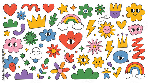 Retro Doodle Elements With Flowers And Rainbows Keywords: retro, doodle, elements, flowers