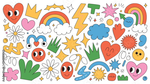 Retro Doodle Elements With Faces And Rainbows Keywords: retro, doodle, elements, faces, rainbow