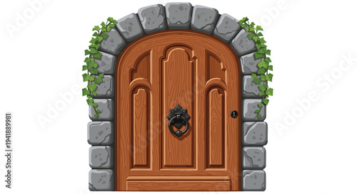 A detailed rustic wooden arched door with an ornate iron knocker is securely framed by a grey stone arch adorned with green ivy.