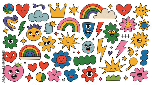 Retro Groovy Doodle Characters With Faces And Rainbows Keywords: retro, groovy, doodle