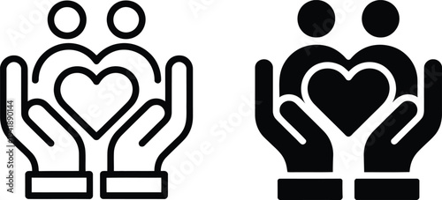 Simple icons representing care and support for a person with a heart
