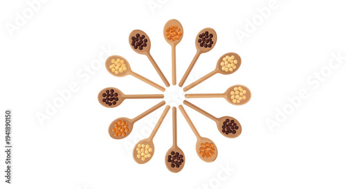 Wooden spoons in circular arrangement with coffee beans in various shades