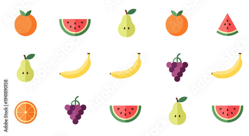 Colorful fruit seamless pattern: bananas, grapes, watermelons, pears, oranges