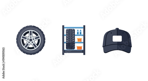 Automotive icons: tire, garage rack, and cap in flat modern design