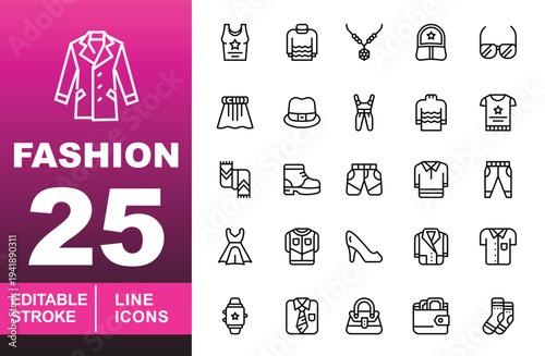 Modern Fashion & Winter Apparel Line Icons. Editable stroke vector icons for clothing stores. Featuring smartwatches, winter boots, scarves, wallets, sunglasses, and sweaters symbols for e-commerce