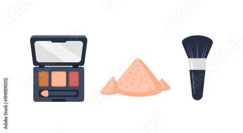 Makeup essentials set with compact eyeshadow, sponge, and brush on white background