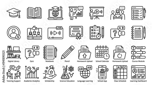 Set of  education icons vector, line style, black and white