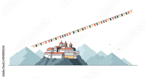 Flat design mountain monastery with prayer flags and distant peaks