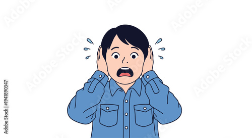 A startled young boy with dark hair and a light blue collared shirt tightly covers his ears, showing sweat drops and an open mouth against a clean white backdrop.