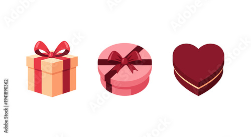 Colorful gift boxes with bows: rectangle, circle, and heart shapes for celebrations