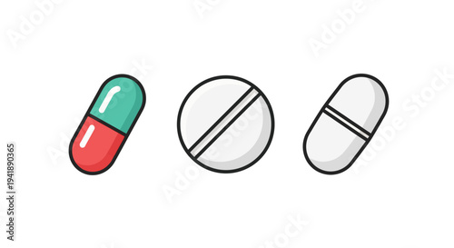 Colorful capsule and tablet set on white background