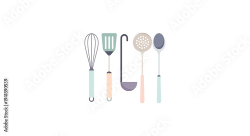 Colorful flat kitchen utensils set isolated on white background