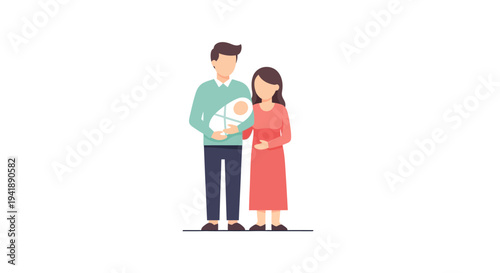 Happy family with newborn baby in minimal flat design on white background