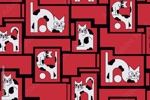 Seamless pattern with funny cats in geometric style. Graphic print, wallpaper design of cute cartoon animals, outline cat characters abstract on black background. Vector illustration.