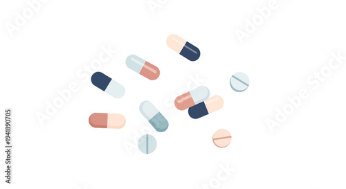 Minimalist modern design of colorful capsules and tablets on white background