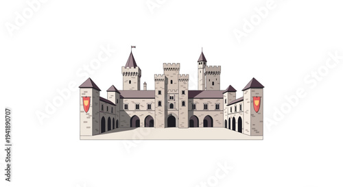 Medieval castle façade with towers and arches in flat design