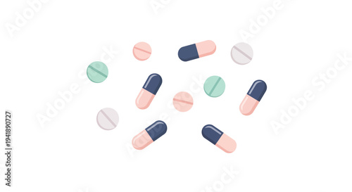Colorful medicine pills and capsules on white background