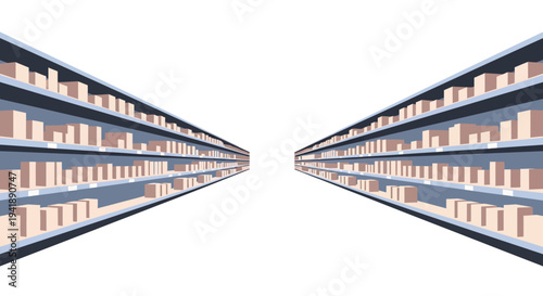 Isometric supermarket aisle with empty shelves in modern style