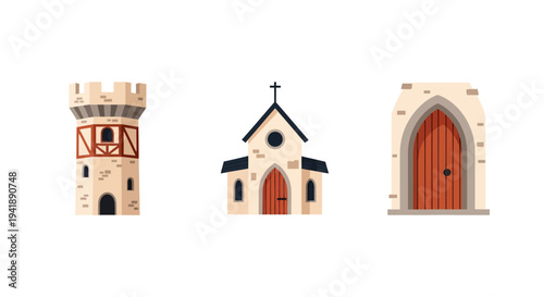 Medieval architecture collection: tower, church, and fortress doors