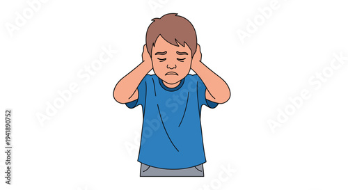 A sad young boy with light brown hair and a blue t-shirt covers his ears with closed eyes and a downturned mouth against a pristine white background.