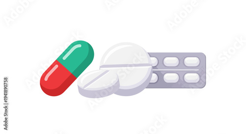 Realistic medicine pills and blister pack on white background