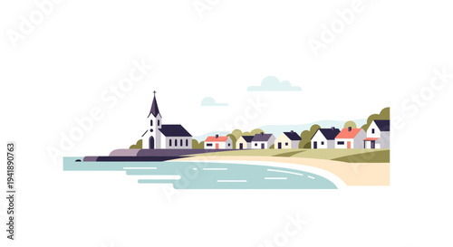 Coastal village scene with church in minimalist style