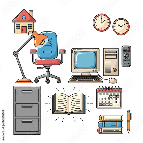 Home office desk with computer, lamp, chair, and filing cabinet illustration