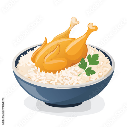 Roasted chicken served over fluffy white rice in a bowl
