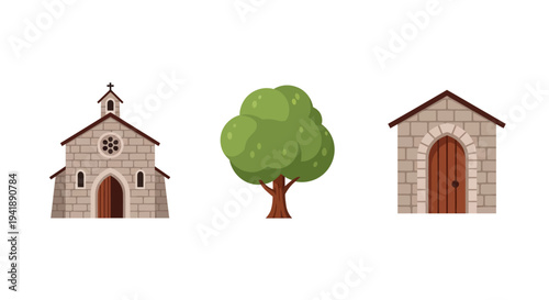 Charming village elements: church, tree, and house in flat design