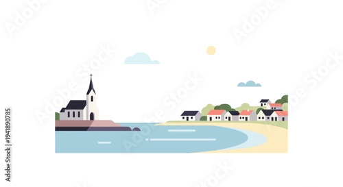 Coastal village landscape with church and houses in flat design