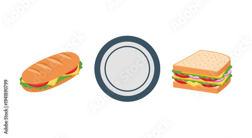 Colorful flat style sandwich, plate, and sub illustration